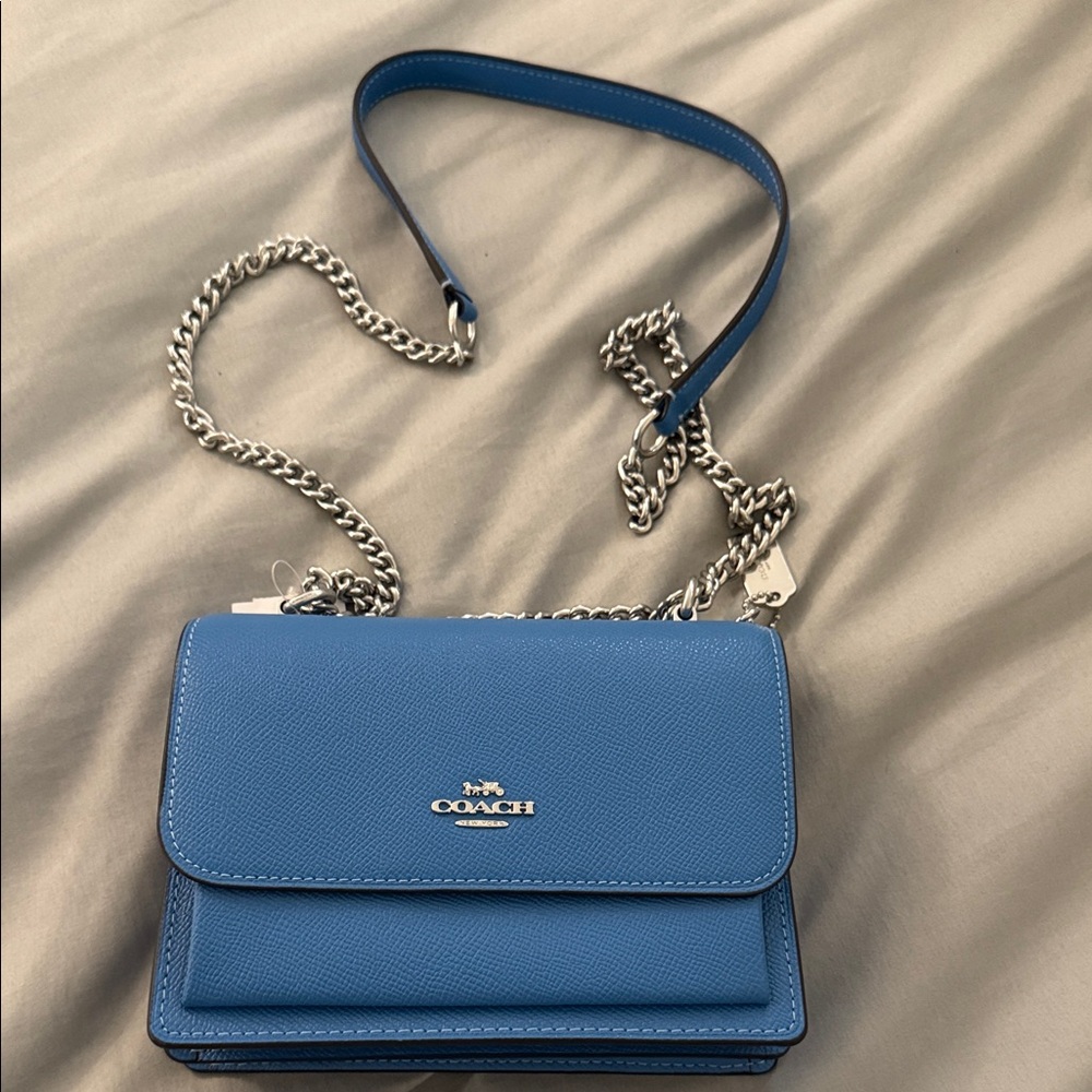 Coach Sky Blue Crossbody Bag with Silver Chain